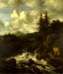 Jacob van Ruisdael - A Landscape with a Waterfall and a Castle on a Hill